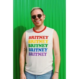 Britney Spears Tank Top Mens Medium White Rainbow Logo Sleeveless Ringer‎ Tee